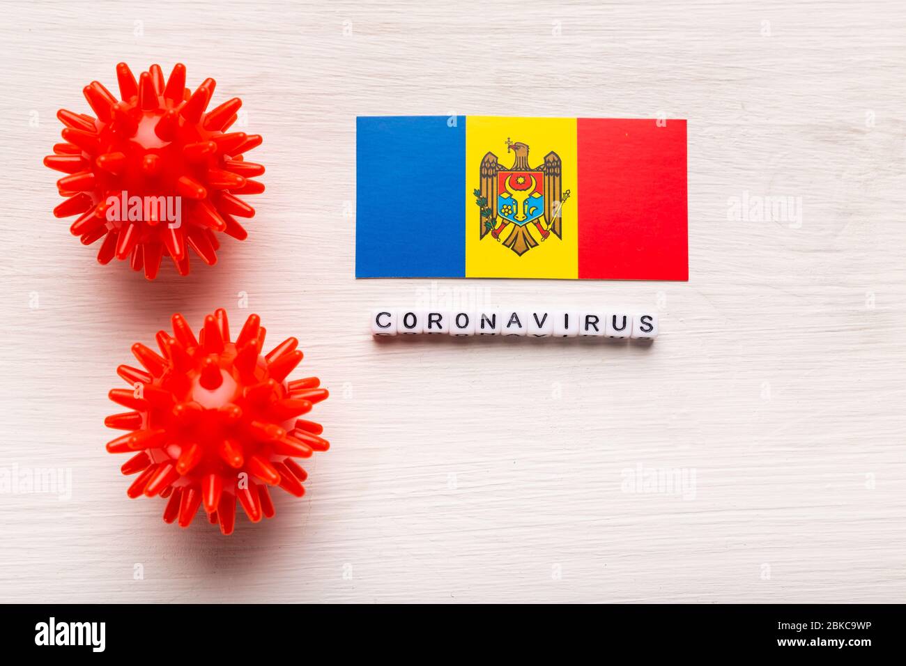Abstract virus strain model of 2019-nCoV middle East respiratory syndrome coronavirus or coronavirus COVID-19 with text and flag Moldova on white Stock Photo