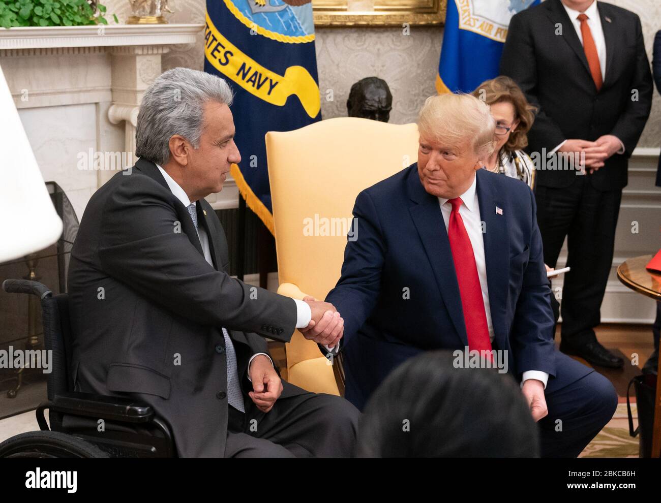President Donald J. Trump shakes hands with Ecuadorian President Lenin Moreno Garces Wednesday, Feb. 12, 2020, in the Oval Office of the White House. President Trump Visits with the President of Ecuador Stock Photo