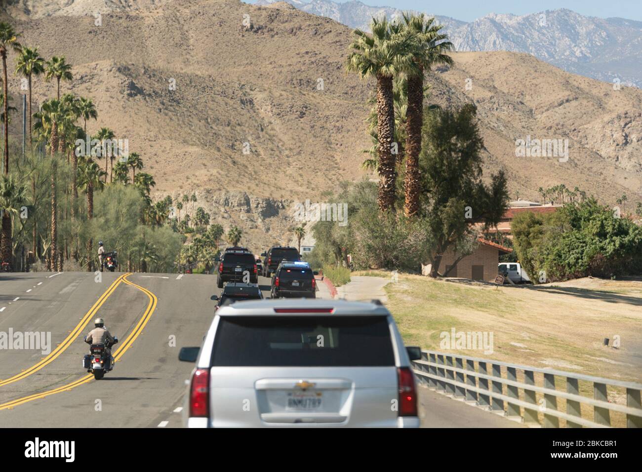 President Donald J. Trump’s motorcade travels from the Palm Spring International Airport in Palm Springs, Calif. Wednesday, Feb. 19, 2020, on its way to the Porcupine Creek Golf Course in Rancho Mirage, Calif. President Trump in CA Stock Photo