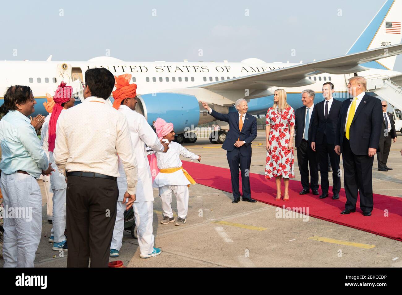 President Donald J. Trump and members of the U.S. delegation stop during their red-carpet arrival to view some of the 300 cultural performers Monday, Feb. 24, 2020, at Agra Air Base in Agra, India. President Trump and the First Lady in India Stock Photo