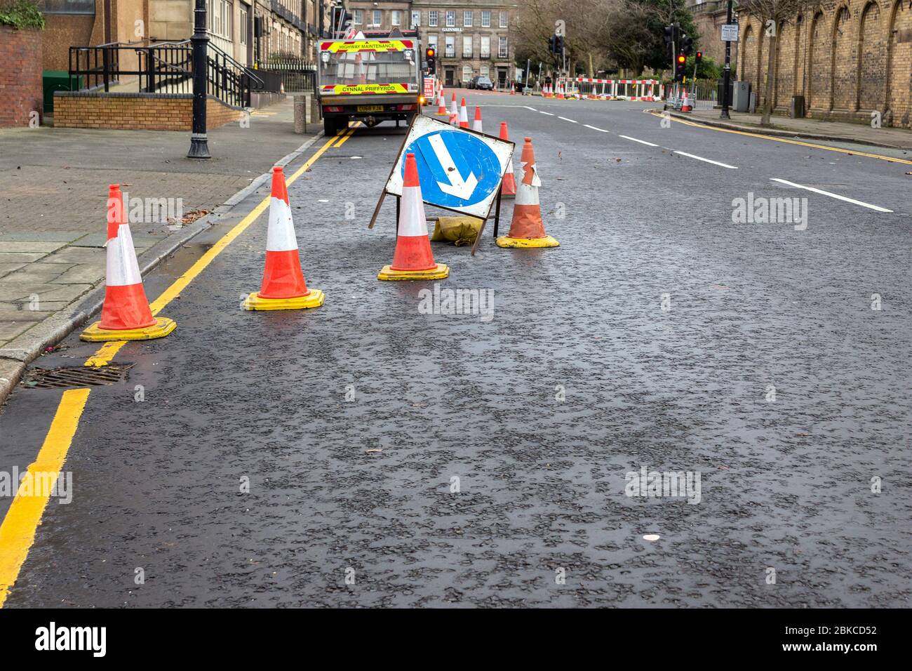Traffic cones and keep right sign, roadworks on Cleveland street, Birkenhead Stock Photo