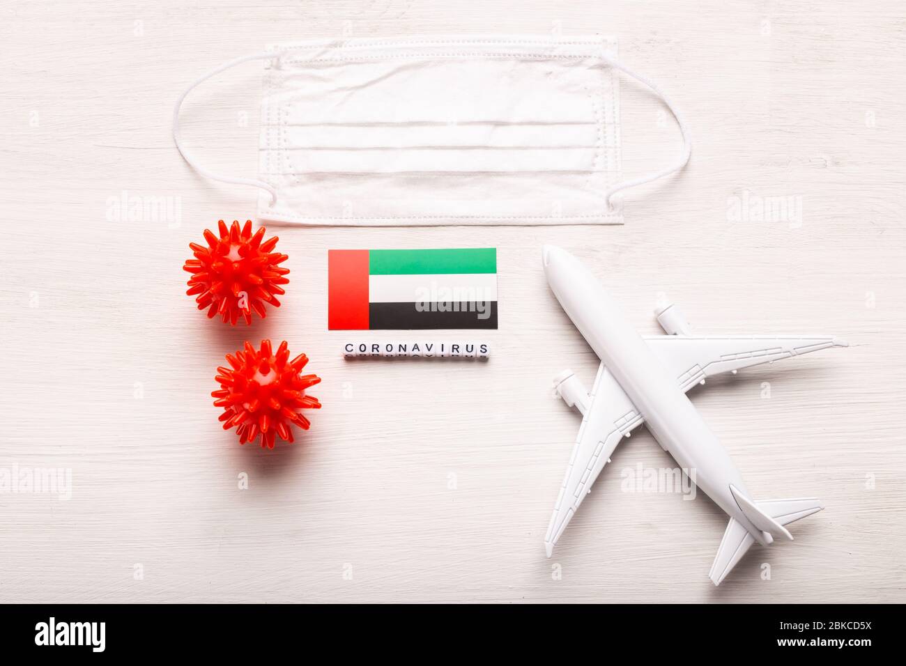 Plane model and face mask and flag United Arab Emirates. Coronavirus