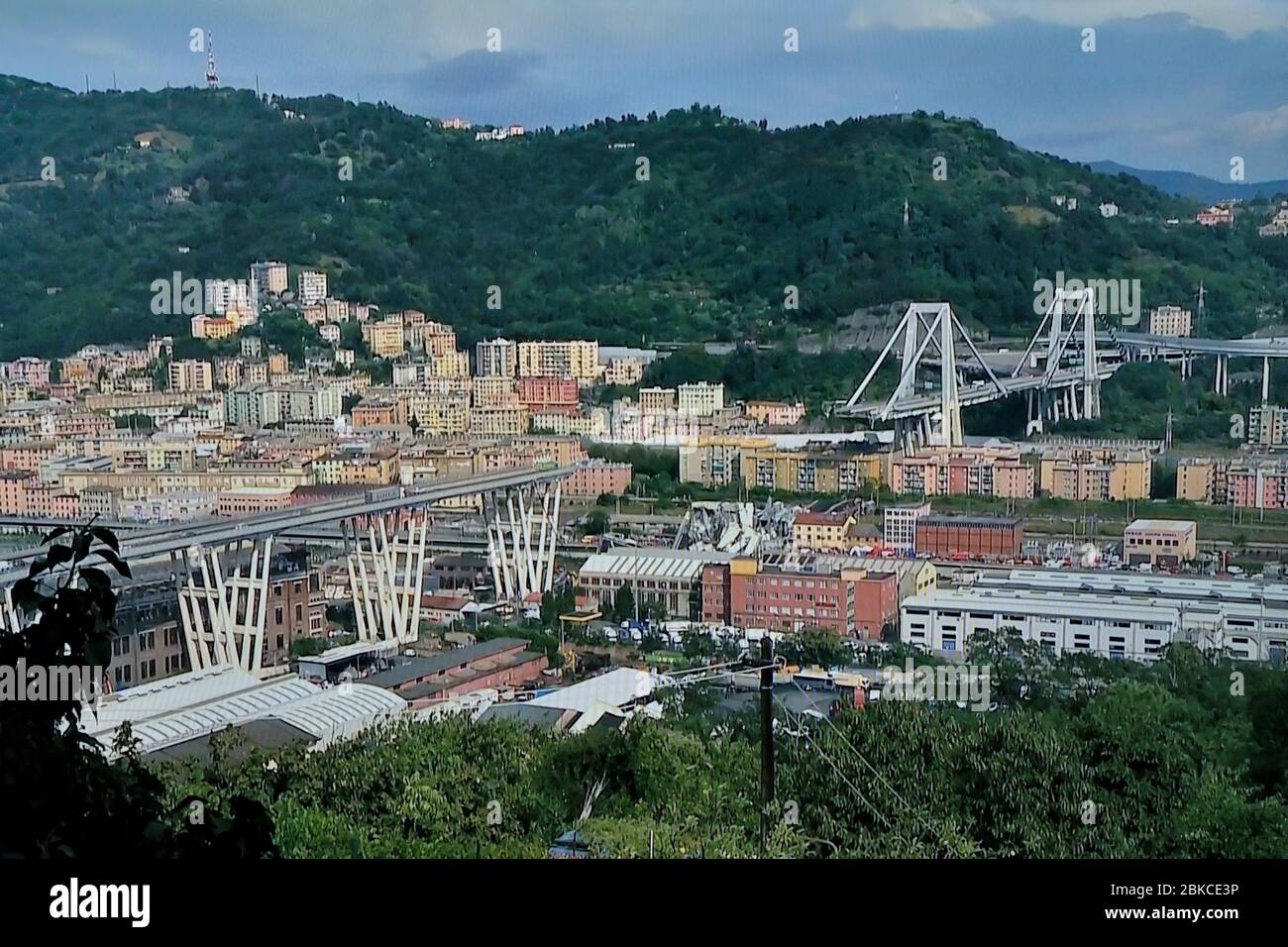 Genoa, Italy, the collapsed Morandi Bridge (polcevera viaduct), connecting A10 motorway after structural failure causing 43 casualties -  August 14th 2018 Stock Photo