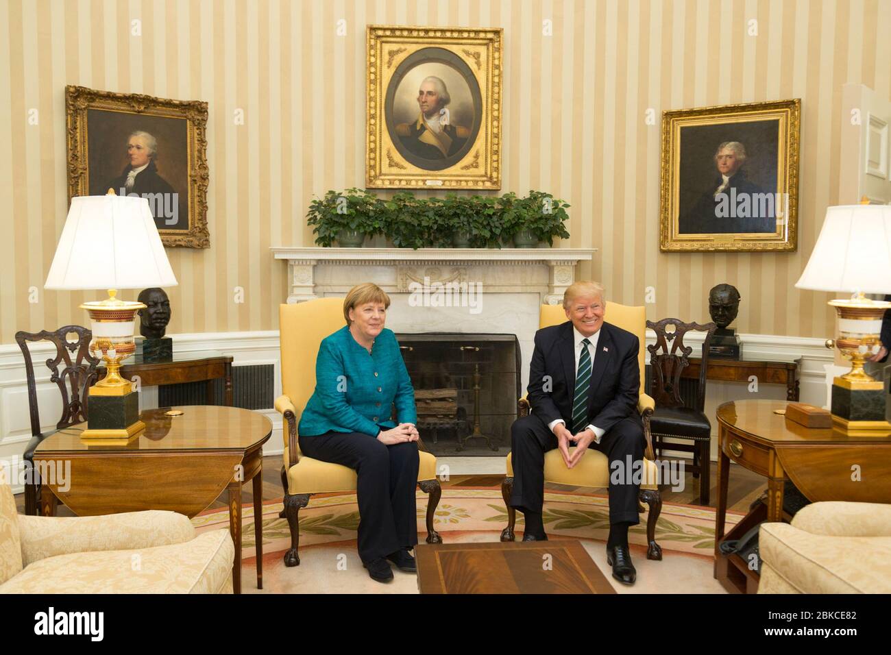 President Donald Trump meets with German Chancellor Angela Merkel, Friday, March 17, 2017, in the Oval Office of the White House in Washington, D.C. Foreign Leader Visits Stock Photo