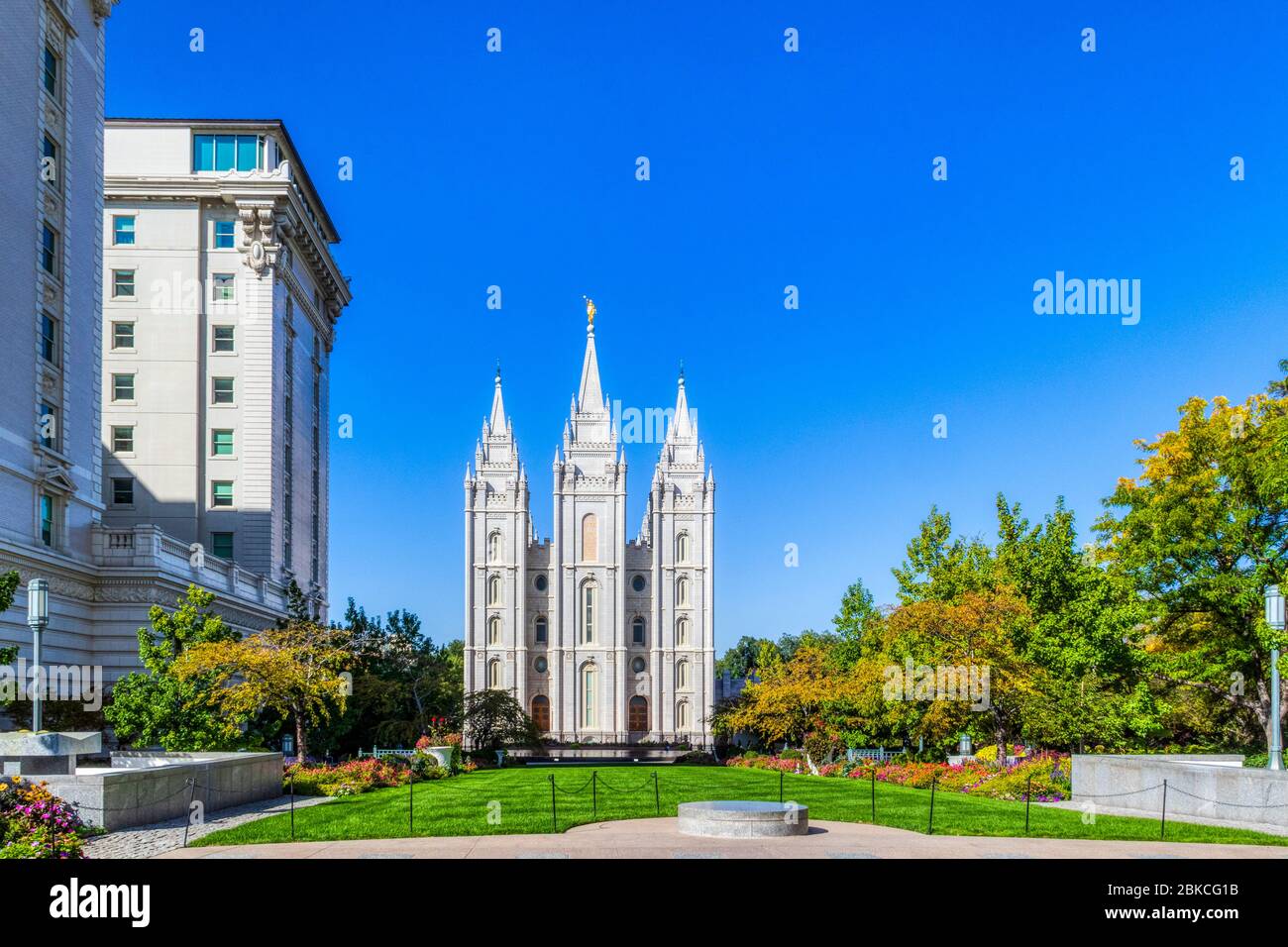 Salt Lake City LDS Temple in Temple Square. This temple took 40 years to build in the 1800s by the Church of Jesus Christ of the Latter-Day Saints. Stock Photo