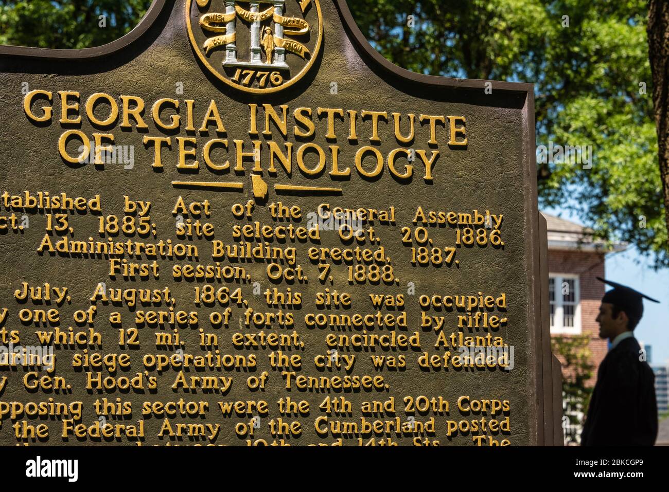 Georgia Tech college graduate on campus with cap and gown. (USA) Stock Photo