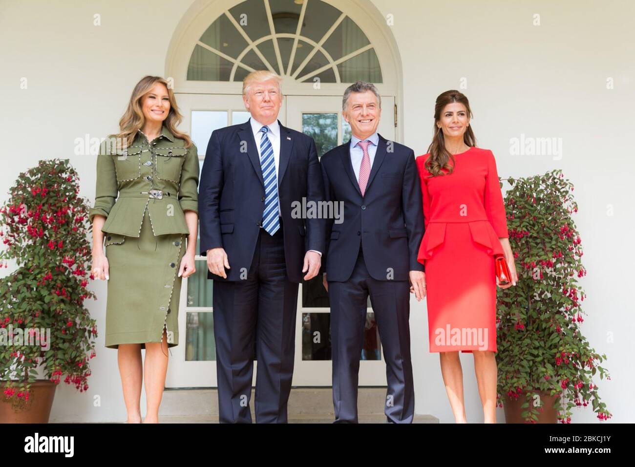 President Donald Trump and First Lady Melania Trump pose for photos with Argentine President Mauricio Macri and his wife, Mrs. Juliana Awada, in the Rose Garden, Thursday, April 27, 2017. President Trump's First 100 Days: 100 Stock Photo