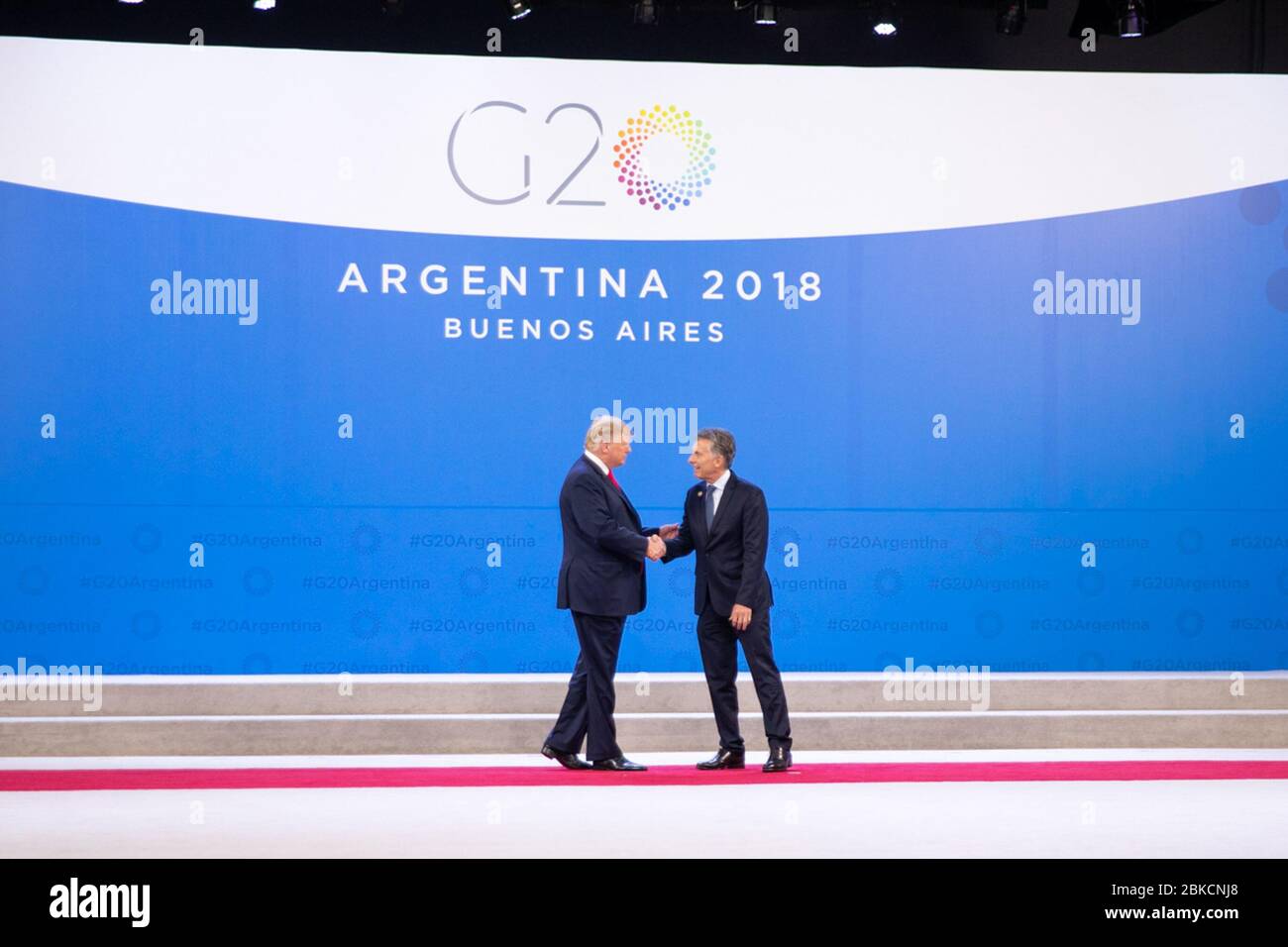 President Donald J. Trump and President Mauricio Macri of the Argentine Republic appear on stage during the G20 welcoming ceremony in Buenos Aires, Argentina. President Donald J. Trump at the G20 Summit Stock Photo