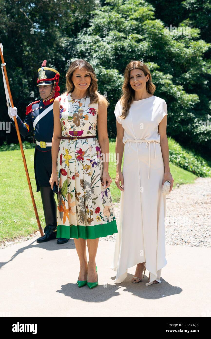 First Lady Melania Trump and the First Lady of Argentina Juliana Awada pose  for a photo at the Villa Ocampo in Buenos Aires, Argentina Friday, Nov. 30,  2018, prior to participating in