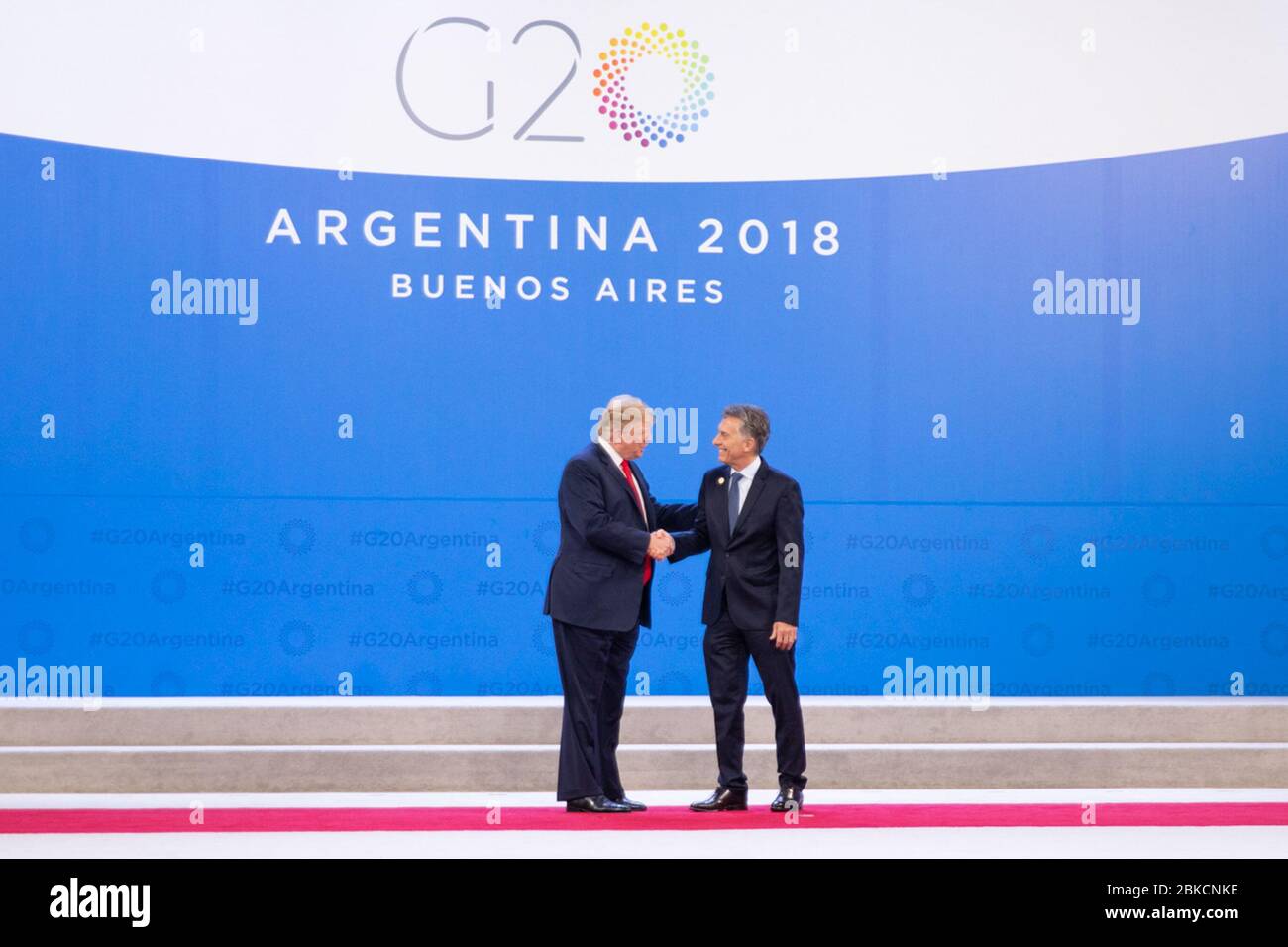 President Donald J. Trump and President Mauricio Macri of the Argentine Republic appear on stage during the G20 welcoming ceremony in Buenos Aires, Argentina. President Donald J. Trump at the G20 Summit Stock Photo