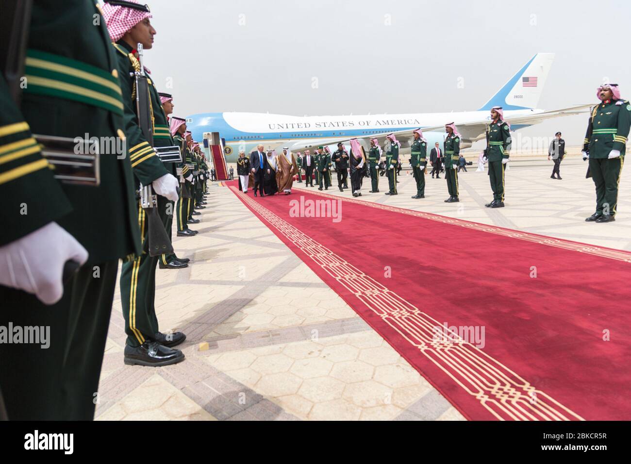 President Donald Trump and First Lady Melania Trump receive a red carpet welcome by King Salman bin Abdulaziz Al Saud of Saudi Arabia and his official delegation, Saturday, May 20, 2017, on their arrival to King Khalid International Airport in Riyadh, Saudi Arabia. President Trump's Trip Abroad Stock Photo