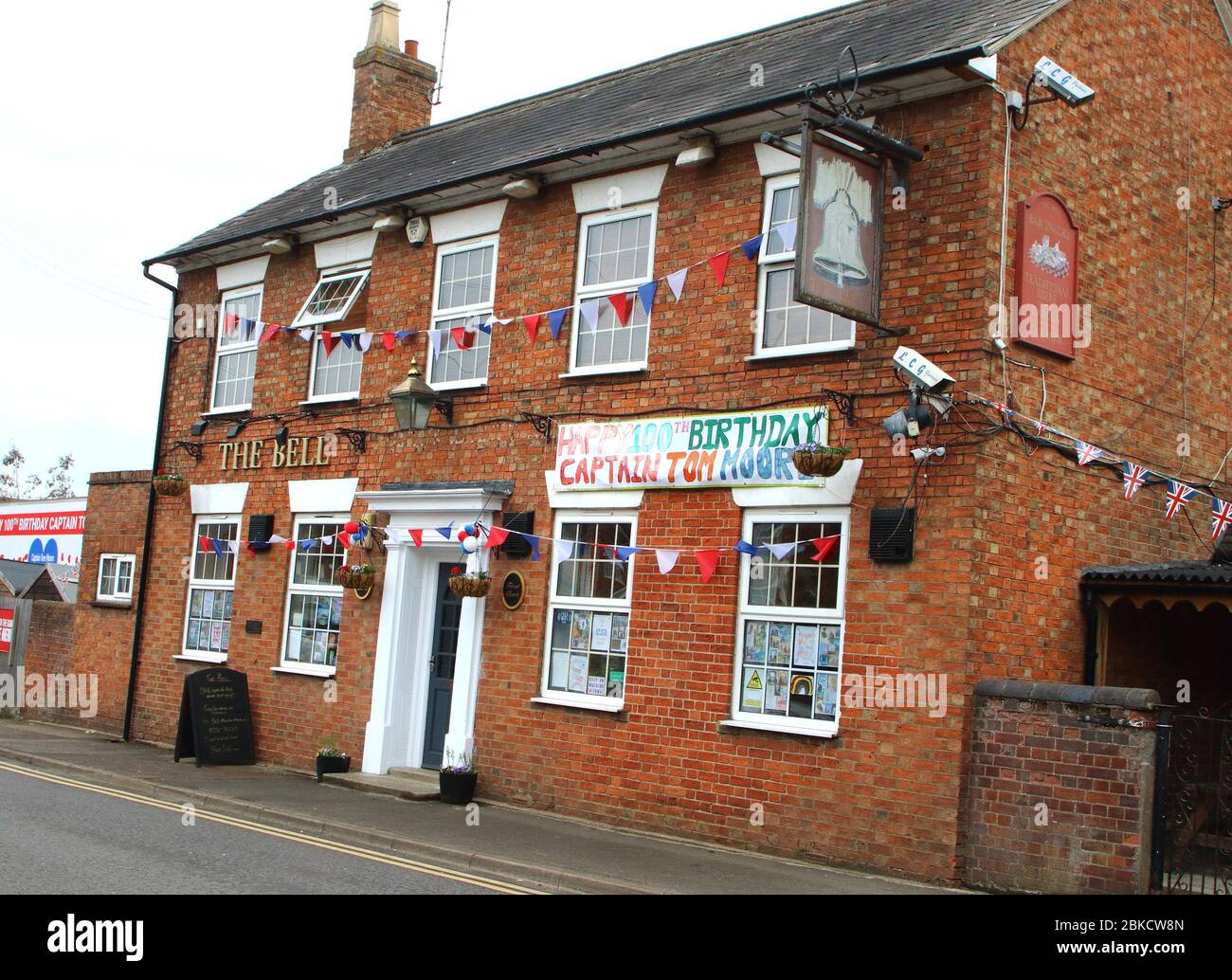 Birthday drawings by local children in the windows of the Village Pub