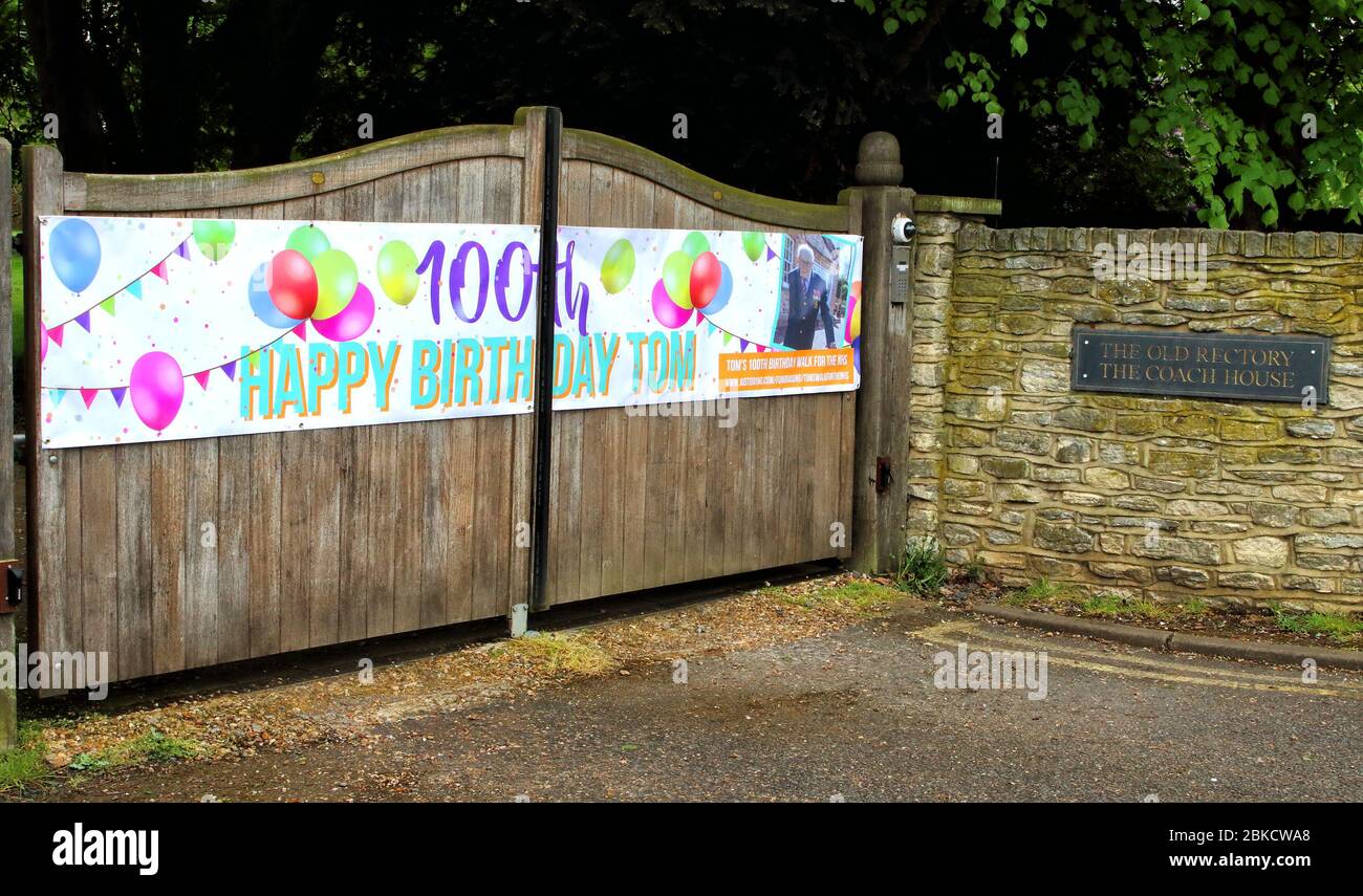 Large Banner on the gates of Captain Tom's house, The Old Rectory during the covid19 pandemic Large Banner on the gates of Captain Tom's house, The Old Rectory during the covid19 pandemic