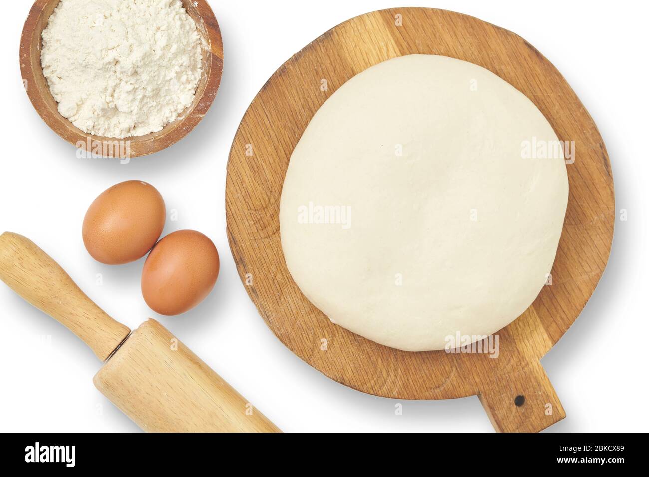 Top View Of Dough Rolling Pin Wooden Bowl Eggs Isolated On White Stock Photo Alamy