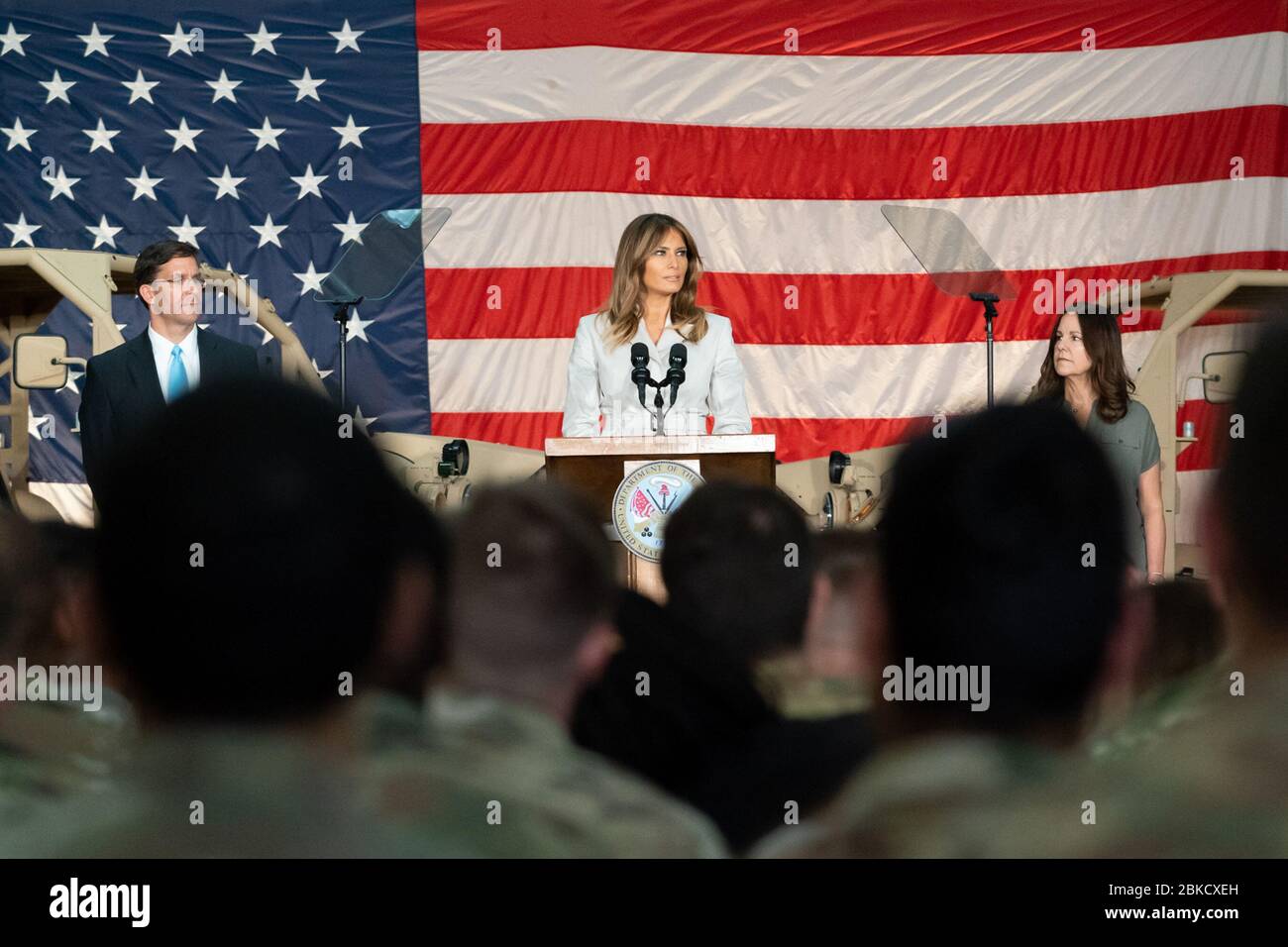 First Lady Melania Trump, joined onstage by Second Lady Karen Pence and Secretary of the Army Dr. Mark Esper, delivers remarks during a military appreciation event Monday, April 15, 2019, at Fort Bragg, N.C. First Lady Melania Trump and Second Lady Karen Pence Visit Fort Bragg Stock Photo