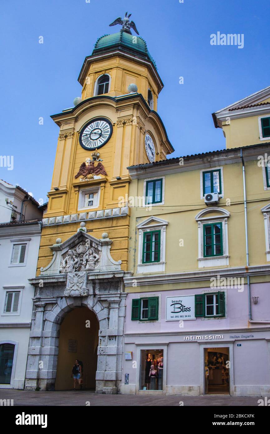 The baroque city clock tower at Korzo street of Rijeka, Croatia Stock Photo