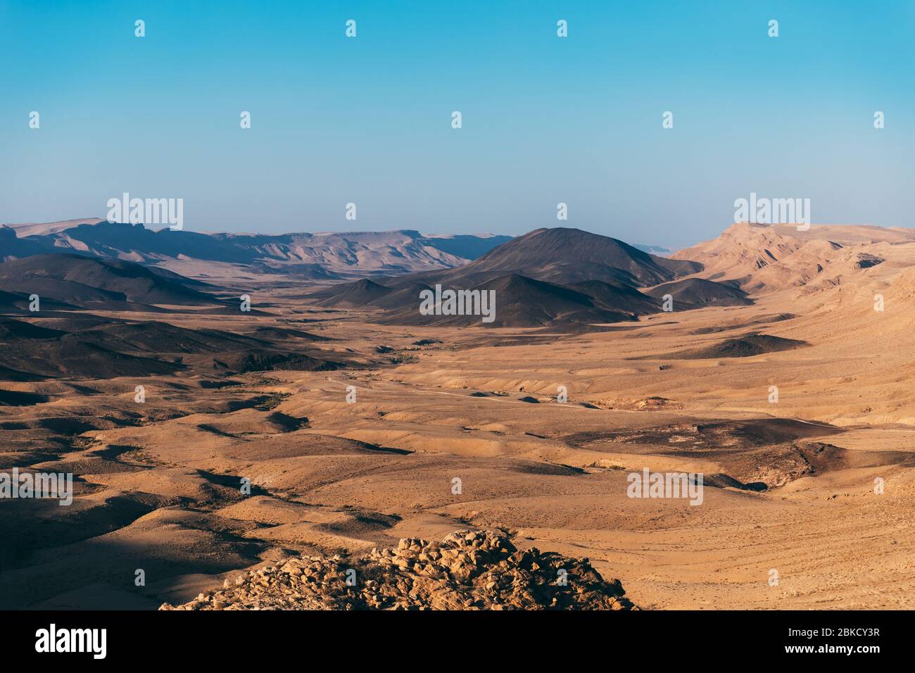 Makhtesh ramon crater landscape in Israel's Negev Desert. Near to Mizpe Ramon city on south Israel. Sand dunes in gold and black. Beautiful blue sky i Stock Photo