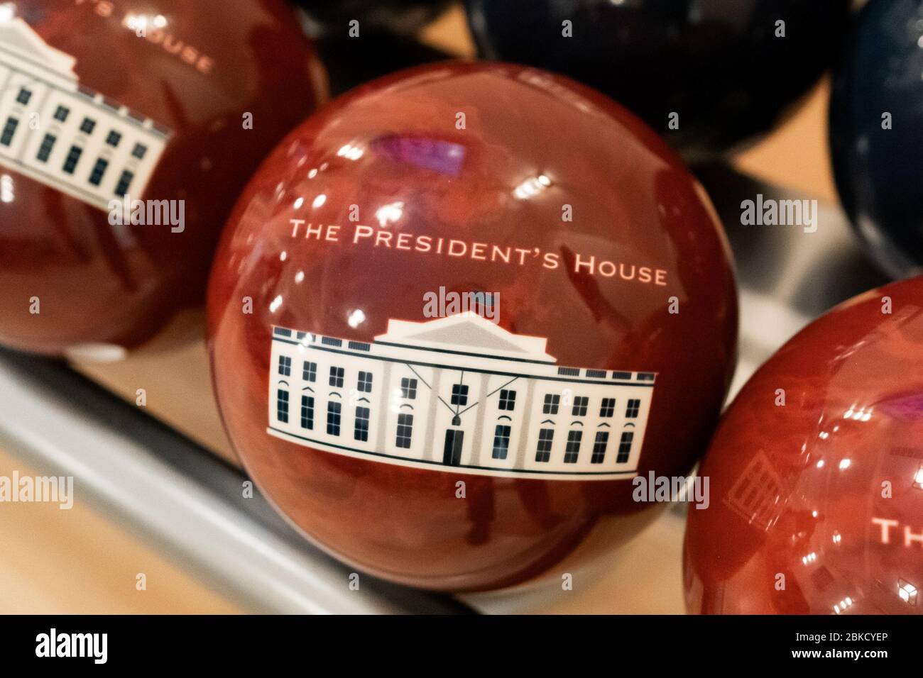 White House bowling balls are seen in the newly renovated bowling alley Monday, April 29, 2019, in the White House. Be Best Bowling with First Lady Melania Trump Stock Photo