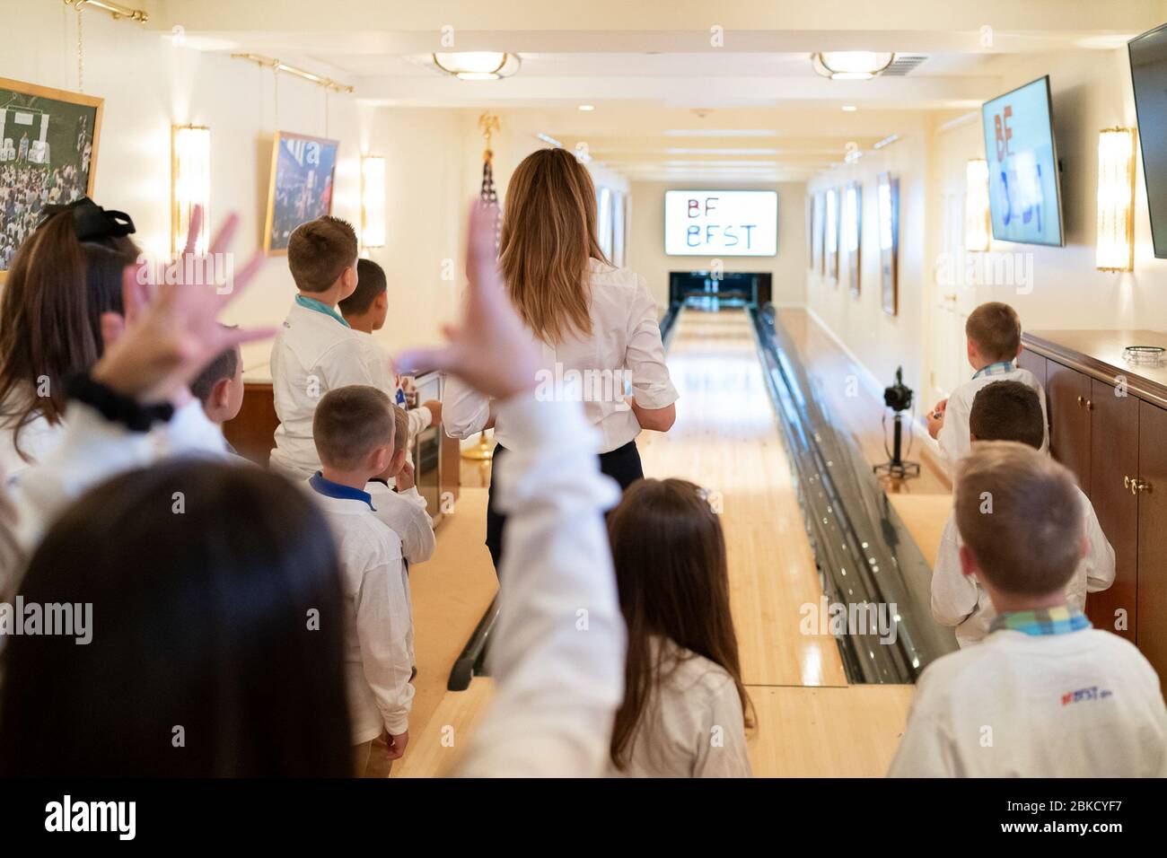 First Lady Melania Trump watches her bowling ball travel down the lane during a Be Best bowling event with children of Secret Service agents Tuesday, April 30, 2019, in the bowling alley of the White House. Be Best Bowling with First Lady Melania Trump Stock Photo