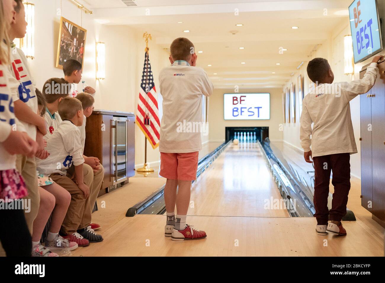 Children participate in a Be Best bowling event with First Lady Melania Trump Tuesday, April 30, 2019, in the bowling alley of the White House. Be Best Bowling with First Lady Melania Trump Stock Photo
