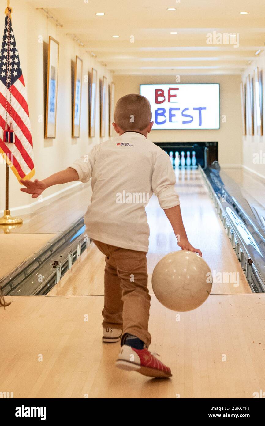 Children participate in a Be Best bowling event with First Lady Melania Trump Tuesday, April 30, 2019, in the bowling alley of the White House. Be Best Bowling with First Lady Melania Trump Stock Photo