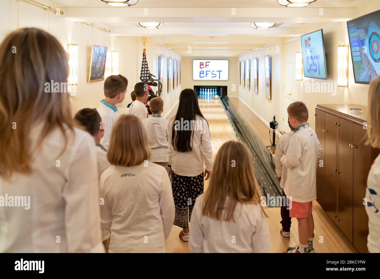 First Lady Melania Trump participates in a Be Best bowling event with children of Secret Service agents Tuesday, April 30, 2019, in the bowling alley of the White House Residence. Be Best Bowling with First Lady Melania Trump Stock Photo