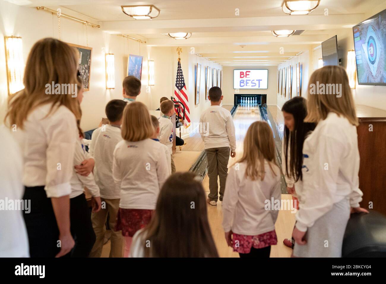First Lady Melania Trump participates in a Be Best bowling event with children of Secret Service agents Tuesday, April 30, 2019, in the bowling alley of the White House Residence. Be Best Bowling with First Lady Melania Trump Stock Photo