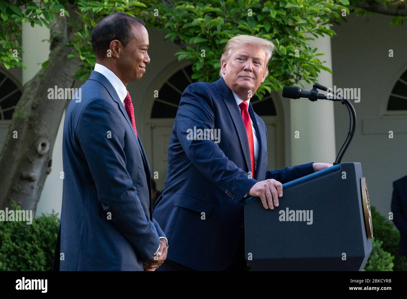 On May 6, 2019, President Donald Trump welcomed golfer Tiger Woods and his family to the Rose Garden, where Woods was awarded the Presidential Medal of Freedom for his extraordinary achievements in sports. Stock Photo