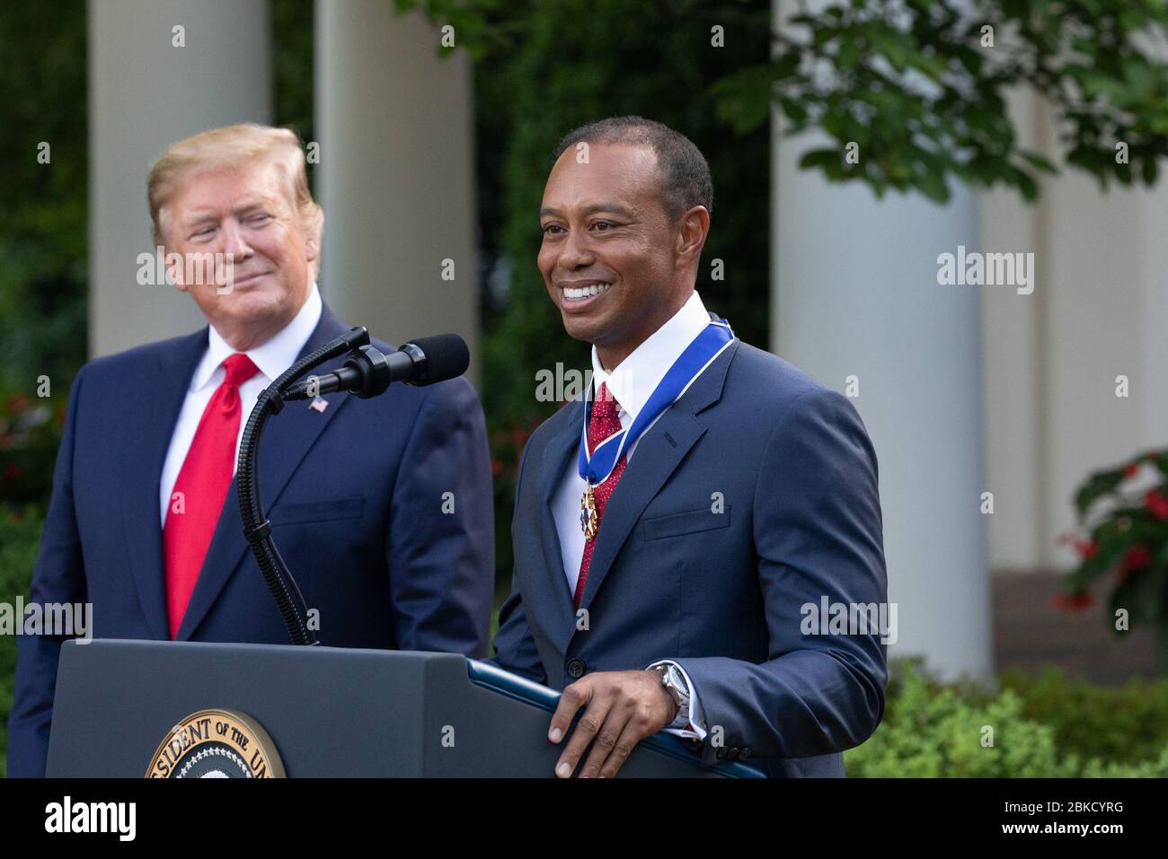 On May 6, 2019, President Donald Trump presented Tiger Woods with the Presidential Medal of Freedom in the White House Rose Garden. Woods, the renowned golfer, addressed the audience after receiving the prestigious award for his achievements in sports. Stock Photo