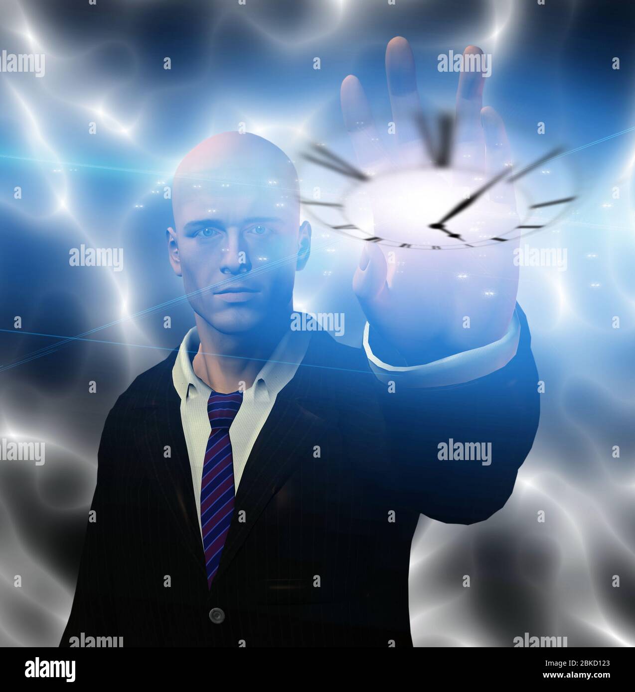 Time management. Man in suit controls clock face Stock Photo Alamy