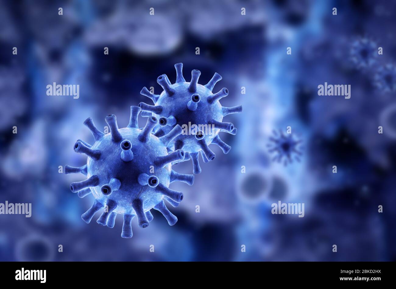 Coronavirus or flu germs inside cell, SARS-CoV-2 corona virus under microscope on blue background, 3d rendering. Concept of COVID-19 coronavirus pande Stock Photo