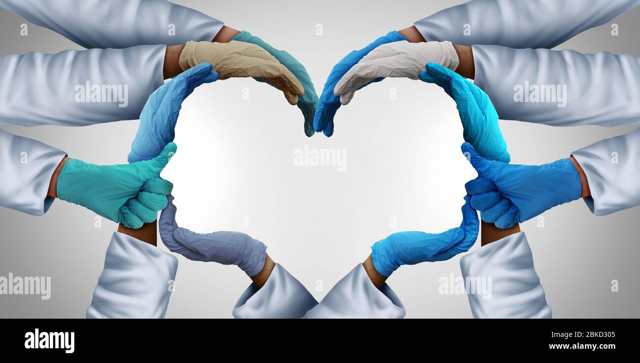 Essential health care workers and frontline medical group or hospital medicine teamwork as a group of doctors nurses joining together as physicians. Stock Photo
