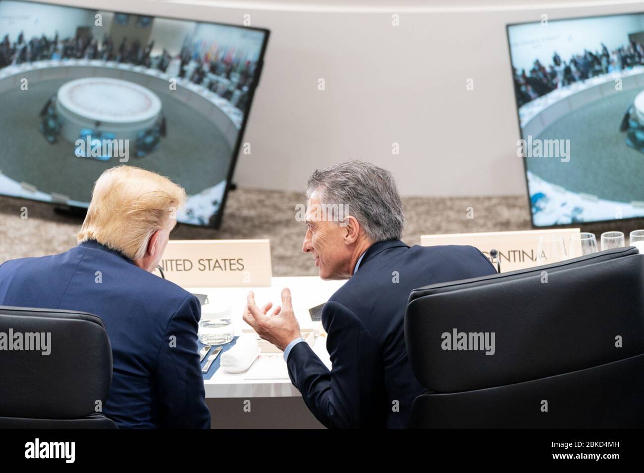 President Donald J. Trump speaks with President Mauricio Macri of Argentina during a working luncheon on the Global Economy, Trade, and Investment at the G20 Japan Summit Friday, June 28, 2019, in Osaka, Japan. President Trump at the G20 Stock Photo