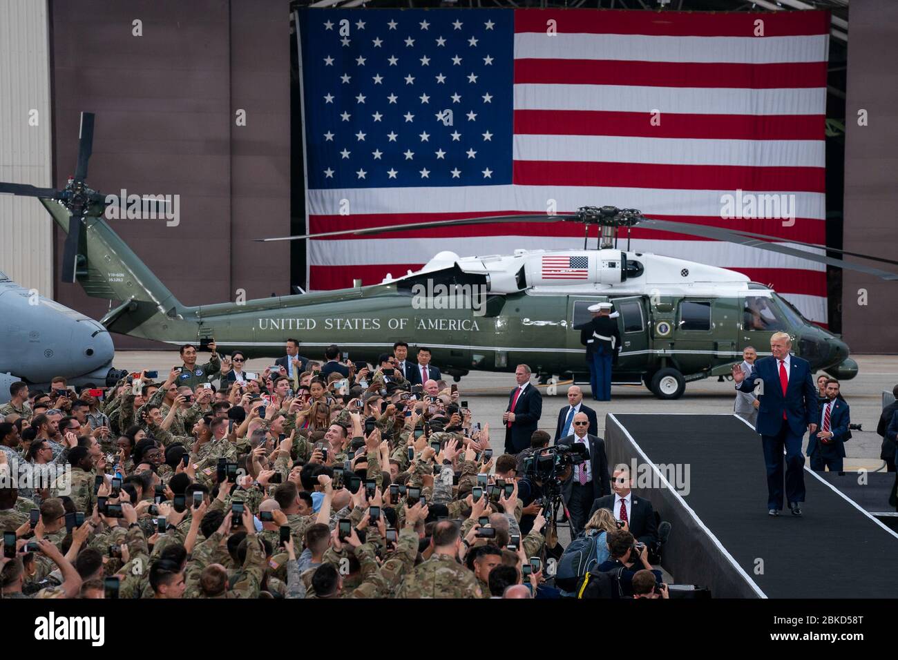 President Donald J. Trump arrives to address military personnel and