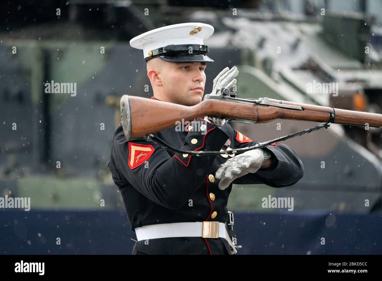 Members of the U.S. Marine Corps Silent Drill Platoon march in formation and perform at the Salute to America event Thursday, July 4, 2019, at the Lincoln Memorial in Washington, D.C. Salute to America Stock Photo