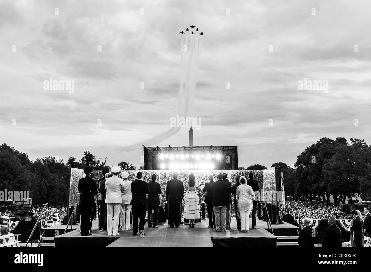 President Donald J. Trump and First Lady Melania Trump are joined onstage by Vice President Mike Pence, Second Lady Karen Pence, military leaders and Cabinet members as they watch the flyover of the United States Navy Blue Angels during the Salute to America event Thursday, July 4, 2019, at the Lincoln Memorial in Washington, D.C. Salute to America Stock Photo