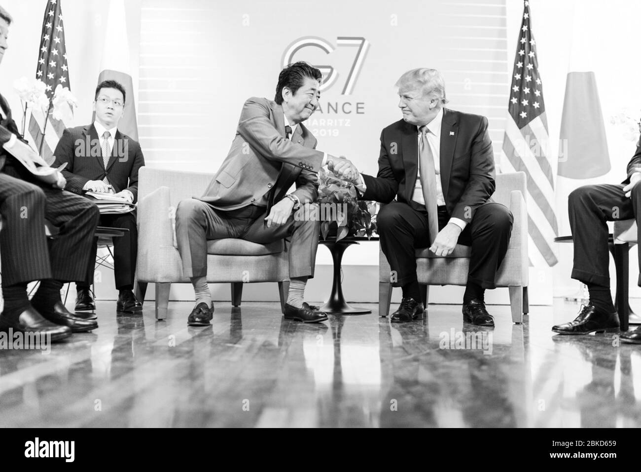 President Donald J. Trump and Prime Minister of Japan Shinzo Abe, joined by their delegation members, participate in a bilateral meeting at the Centre de Congrés Bellevue Sunday, Aug. 25, 2019, in Biarritz, France, site of the G7 Summit. #G7Biarritz Stock Photo