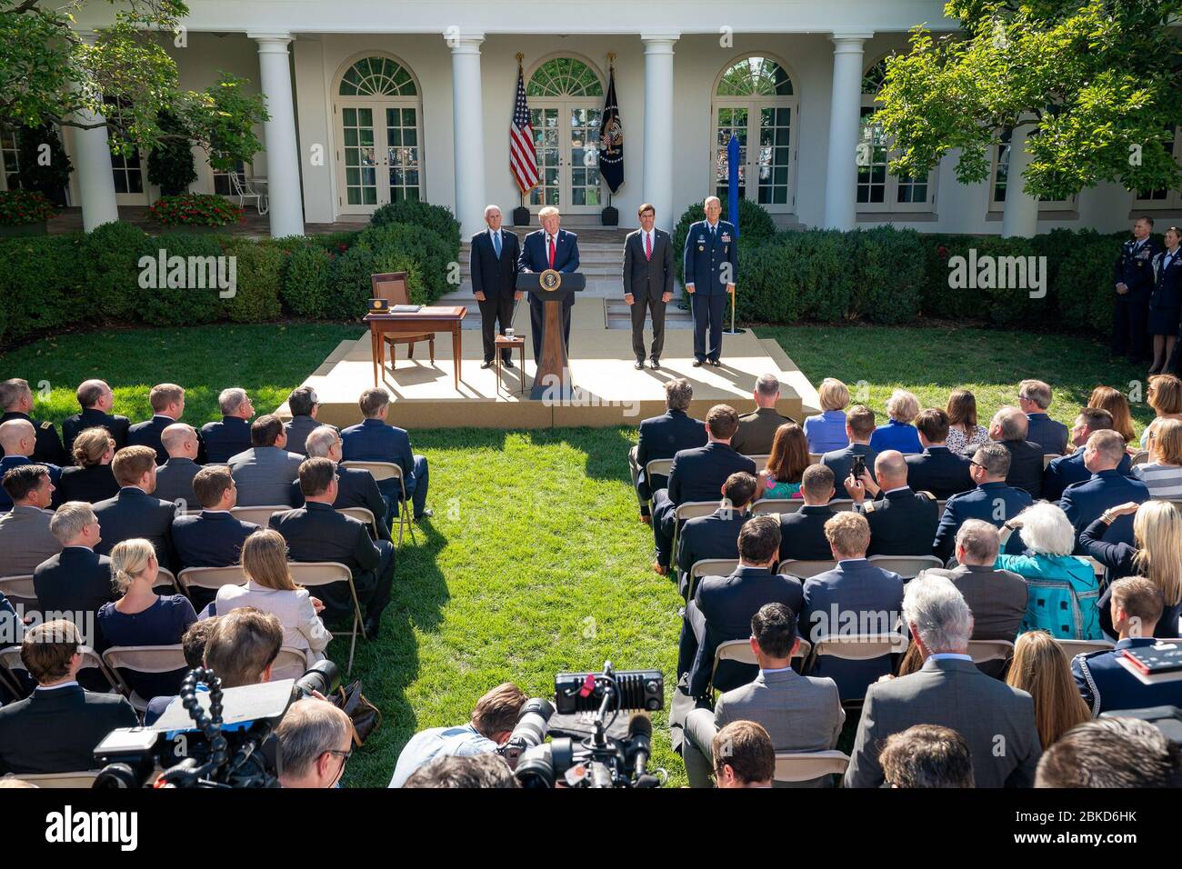 President Donald J. Trump, joined by Vice President Mike Pence, Secretary of Defense Mark Esper and General John ”Jay” Raymond Commander of USSPACECOM, delivers remarks at the Establishment of the U.S. Space Command (USSPACECOM) Thursday, Aug. 29, 2019, in the Rose Garden of the White House. The Establishment of the U.S. Space Command Stock Photo