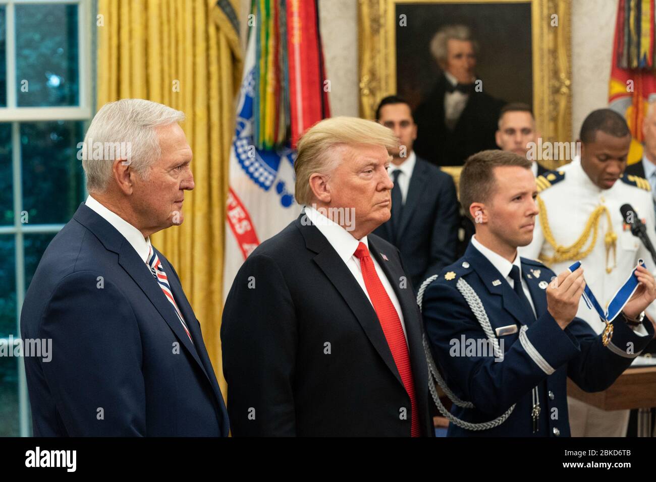 President Donald J. Trump presents the Presidential Medal of Freedom, the nation’s highest civilian honor, to Hall of Fame Los Angeles Lakers basketball star and legendary NBA General Manager Jerry West Thursday, Sept. 5, 2019, in the Oval Office of the White House. President Trump Presents the Medal of Freedom to Jerry West Stock Photo