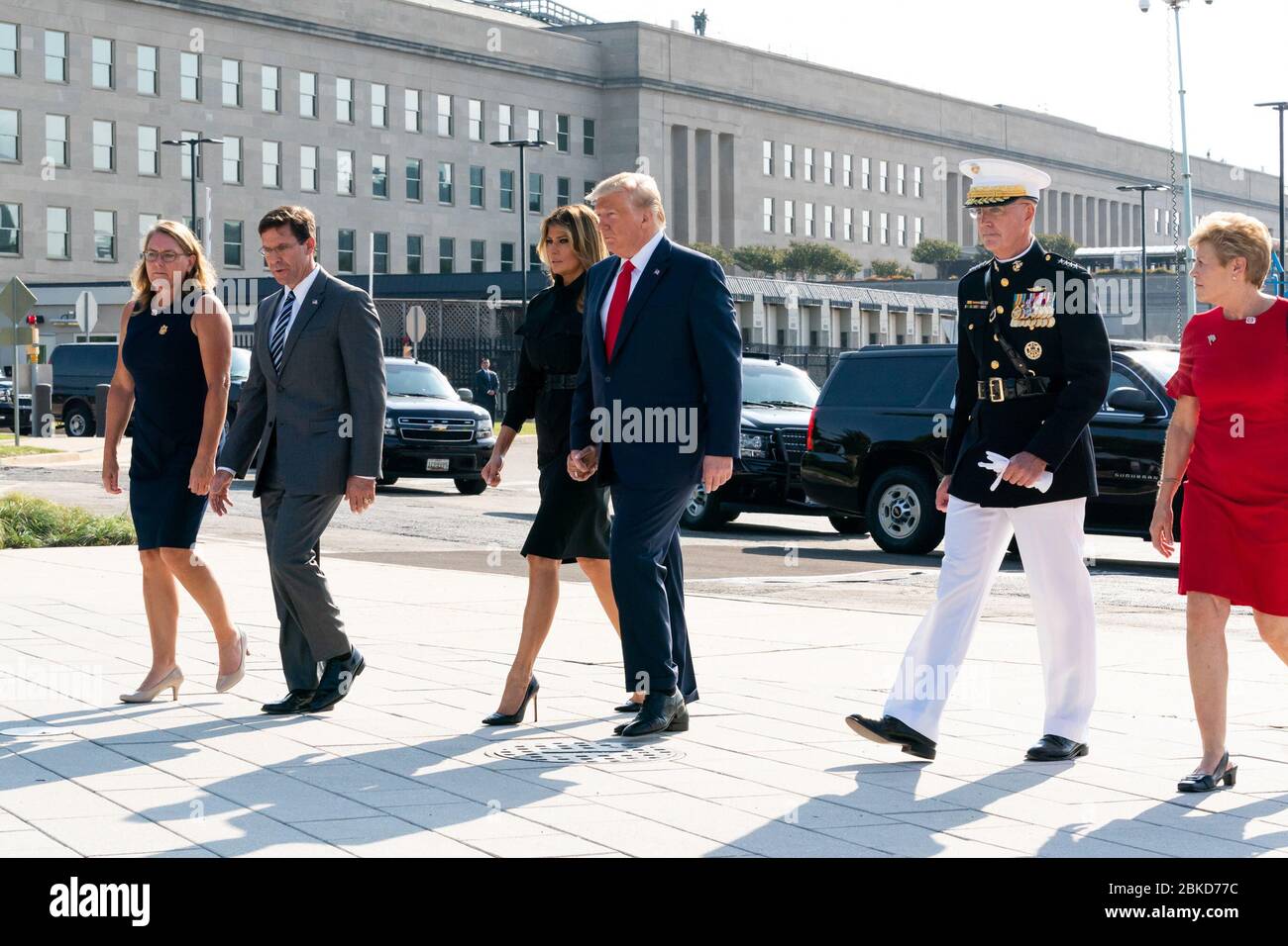 President Donald J. Trump and First Lady Melania Trump arrive to the September 11th Pentagon Observance Ceremony with the Secretary of Defense Mark Esper, his wife Leah Esper, the Chairman of the Joint Chiefs of Staff Gen. Joseph Dunford and his wife Ellyn Dunford Wednesday, Sept. 11, 2019, at the Pentagon in Arlington, Va. September 11 Stock Photo