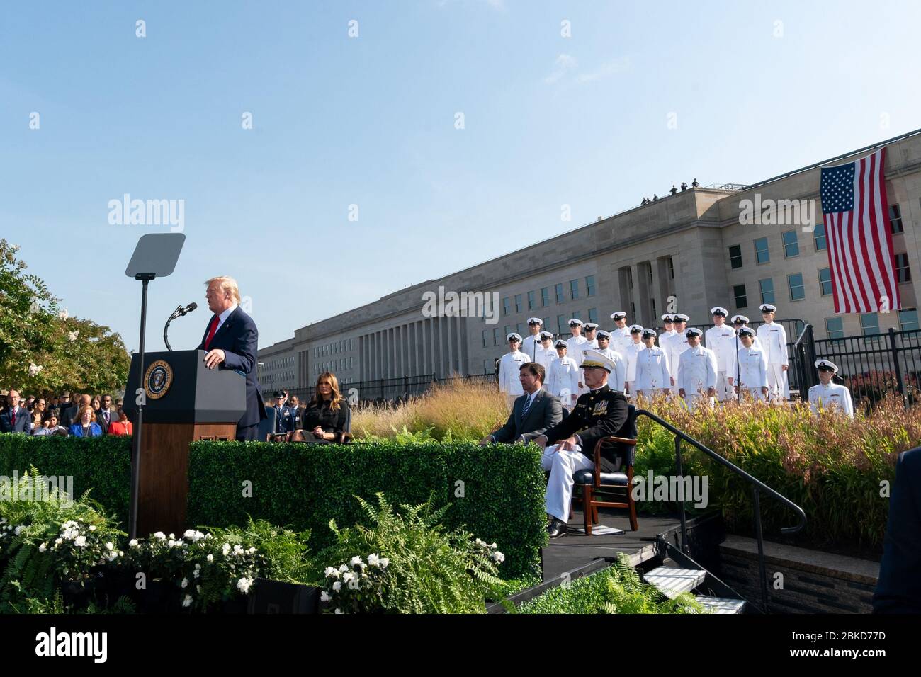 First Lady Melania Trump, the Secretary of Defense Mark Esper and the Chairman of the Joint Chiefs of Staff Gen. Joseph Dunford listen as President Donald J. Trump delivers remarks during the September 11th Pentagon Observance Ceremony Wednesday, Sept. 11, 2019, at the Pentagon in Arlington, Va. September 11 Stock Photo