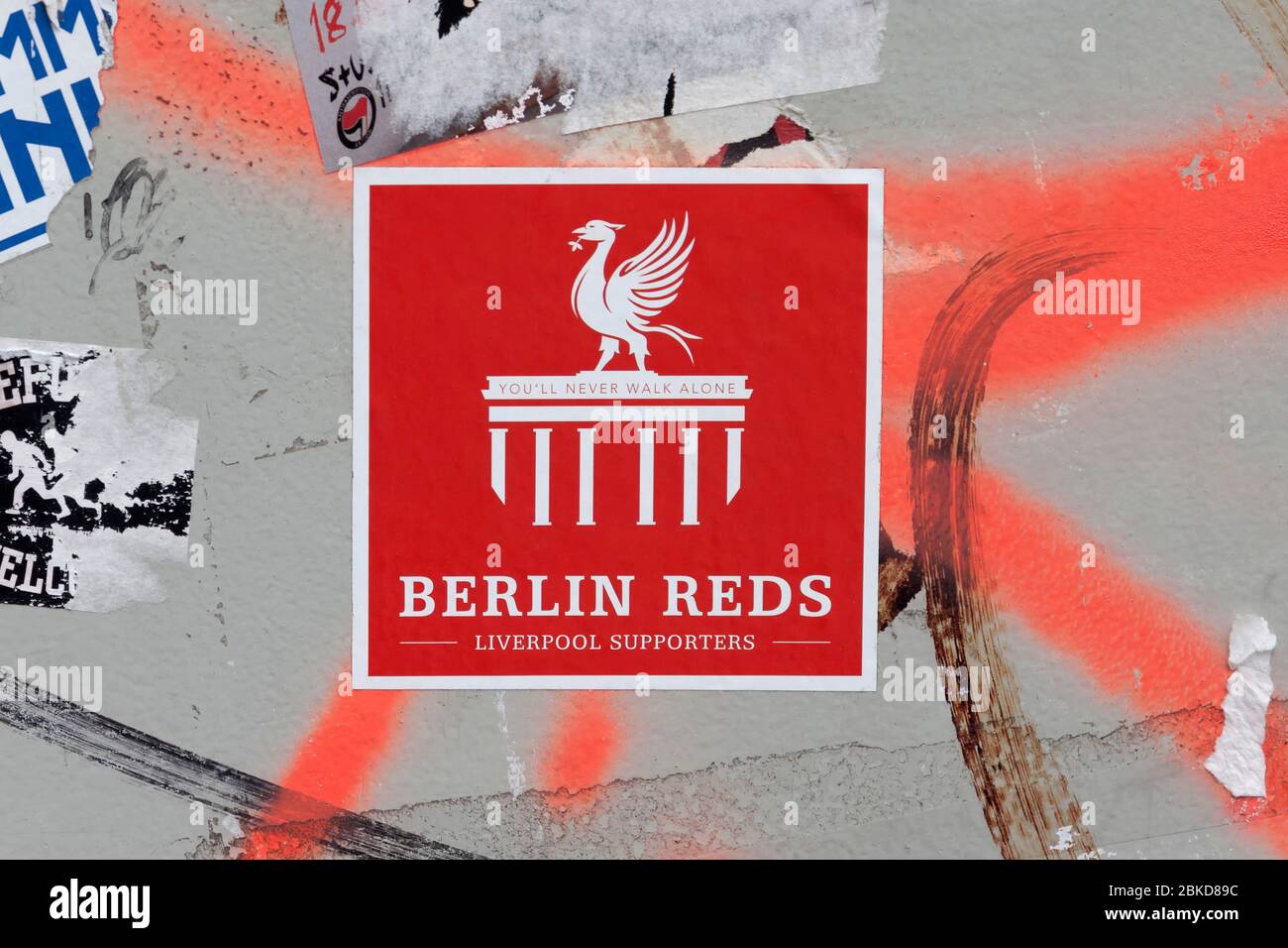 Red sticker of Berlin Reds, Liverpool Supporters in Berlin Stock Photo