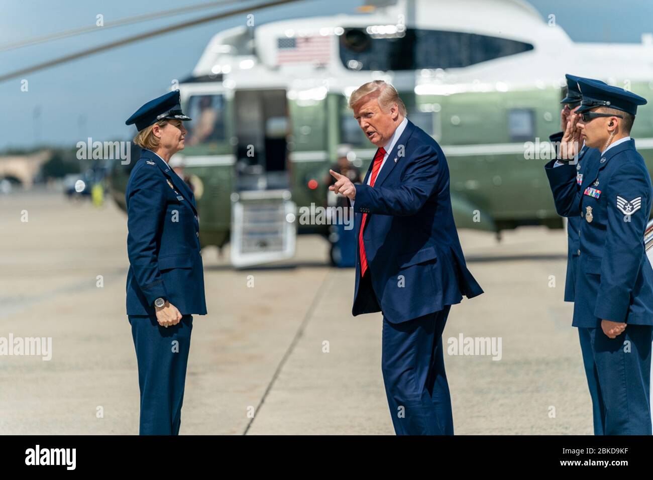 President Donald J. Trump is welcomed by U.S. Air Force Col. Rebecca J. Sonkiss, Commander of the 89th Airlift Wing,  as he disembarks Air Force One at Joint Base Andrews, Md. Thursday, Sept. 26, 2019. President Trump Returns from NY Stock Photo