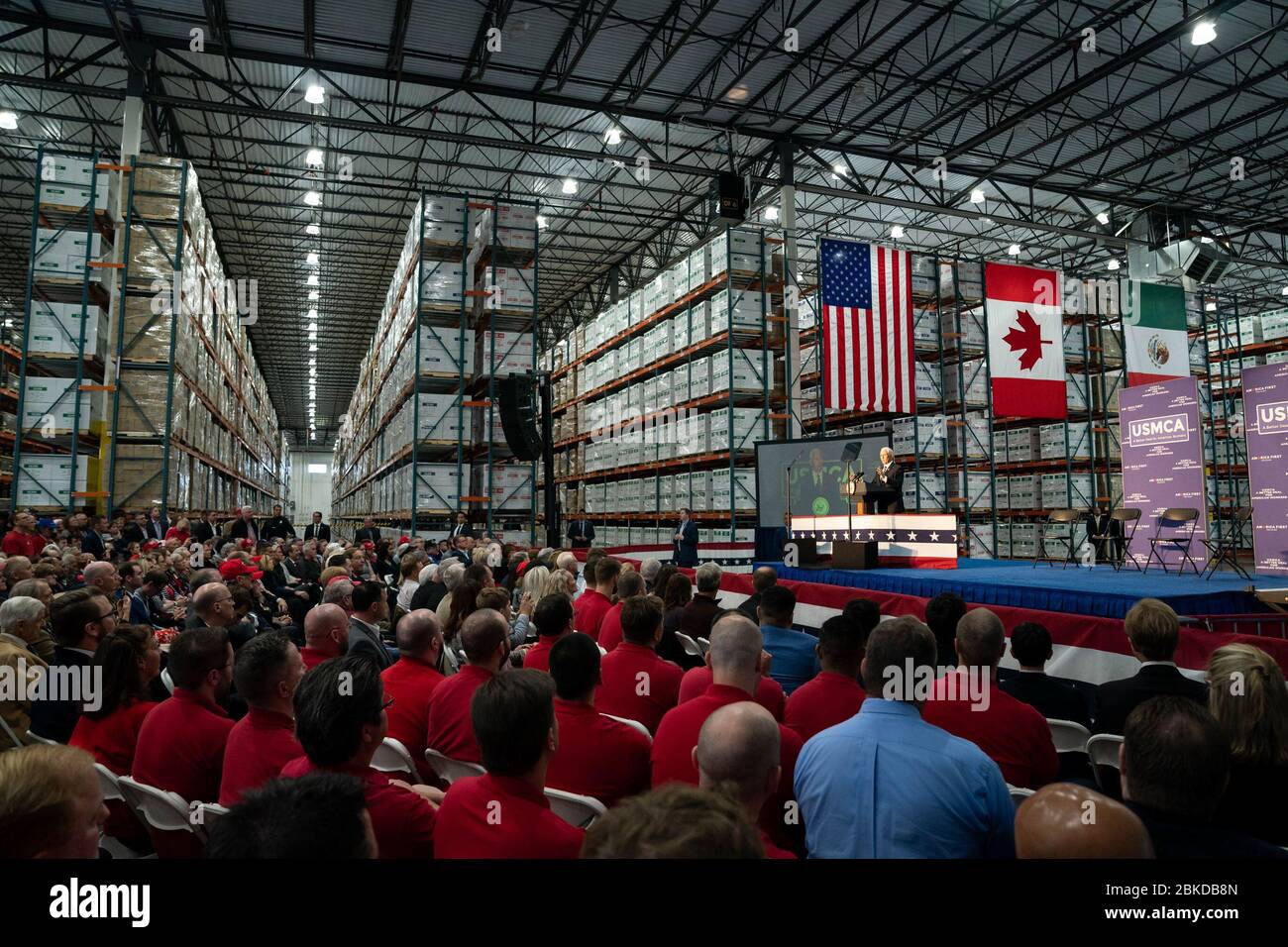Vice President Mike Pence delivers remark at a U.S., Mexico, and Canada Agreement Wednesday, Oct. 23, 2019, at the Uline Distribution Warehouse in Pleasant Prairie, Wisconsin. Vice President Pence in Wisconsin Stock Photo