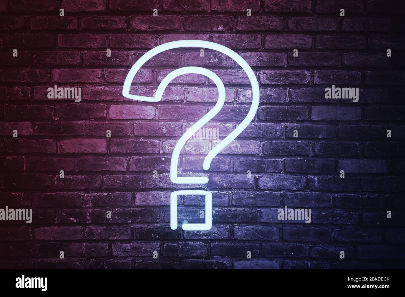 3D illustrated question mark with led light on brick wall background Stock Photo