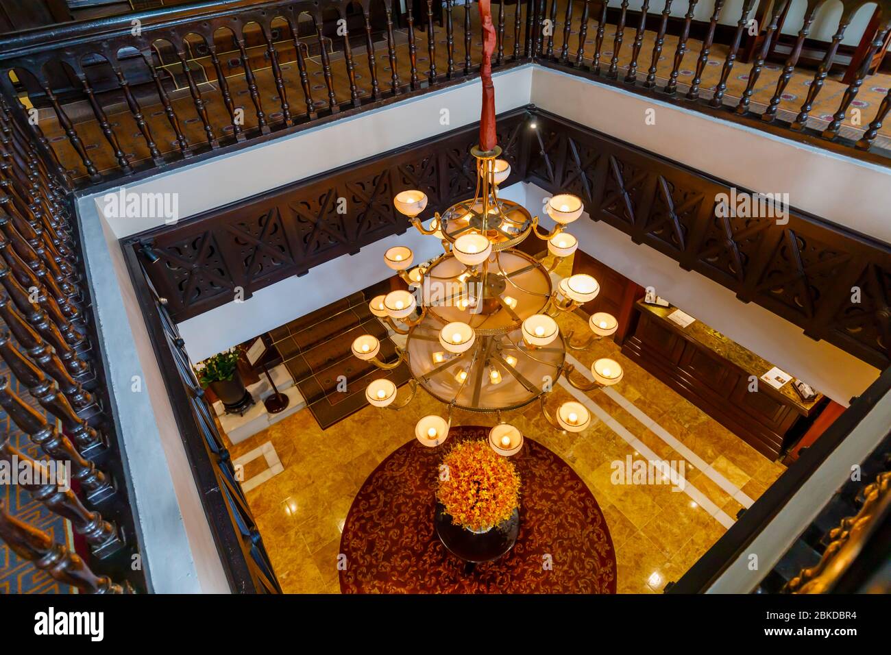 View of a large chandelier in the interior of the Sofitel Legend Metropole Hanoi hotel, Hanoi, north Vietnam, south-east Asia Stock Photo