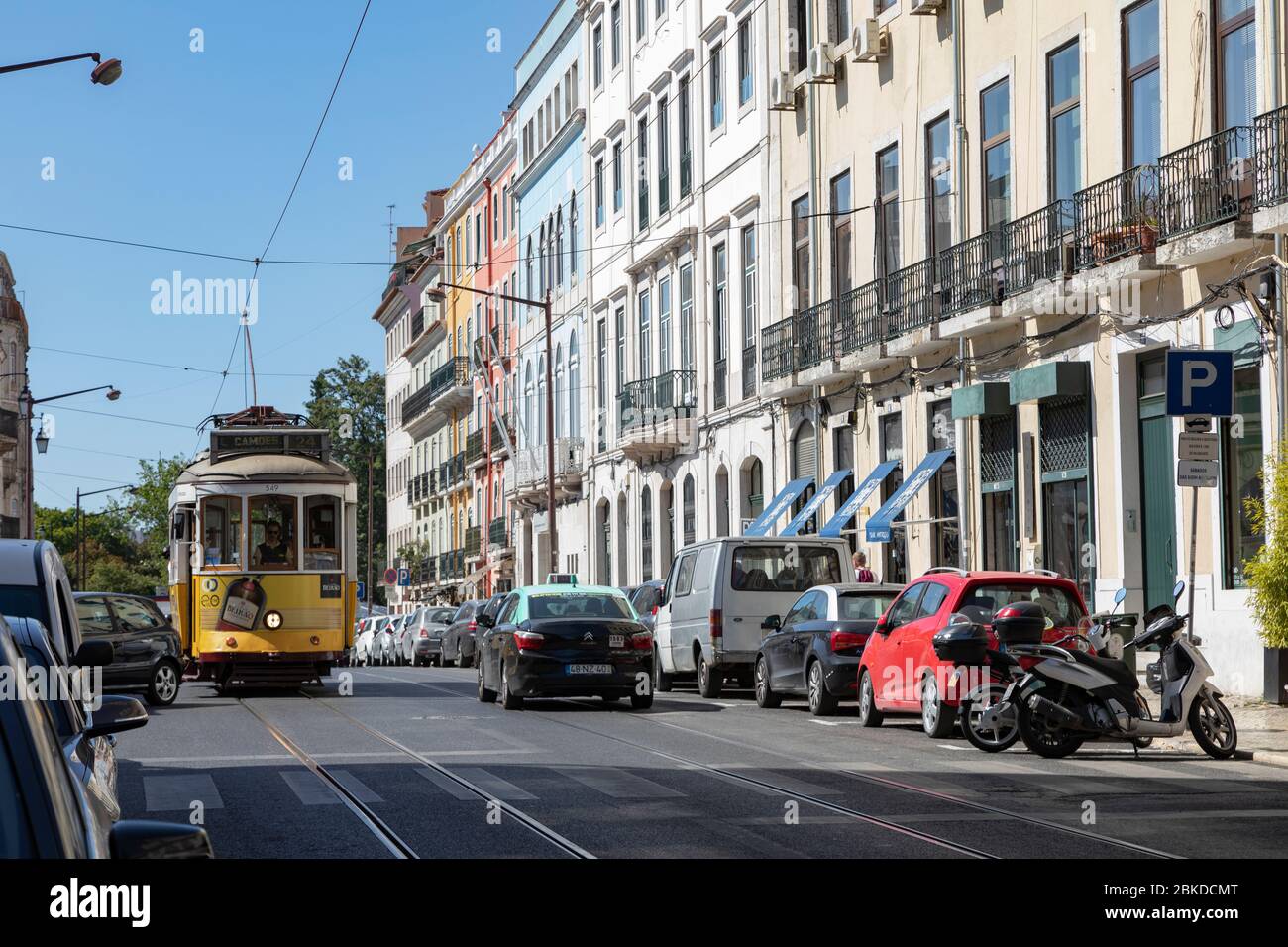 Busy lifestyle in the old town of Lisbon with traditional tram , shops and urban life in Bairro Alto district, Lisbon Portugal Stock Photo