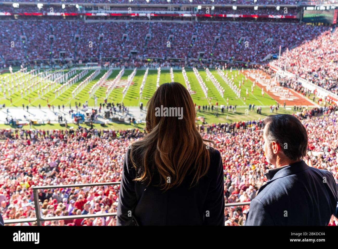 First Lady Melania Trump watches the action on the field at Bryant-Denny Stadium Saturday, Nov. 9, 2019, while attending the University of Alabama -Louisiana State University football game in Tuscaloosa, Ala. President Trump and First Lady Melania Trump in Alabama Stock Photo