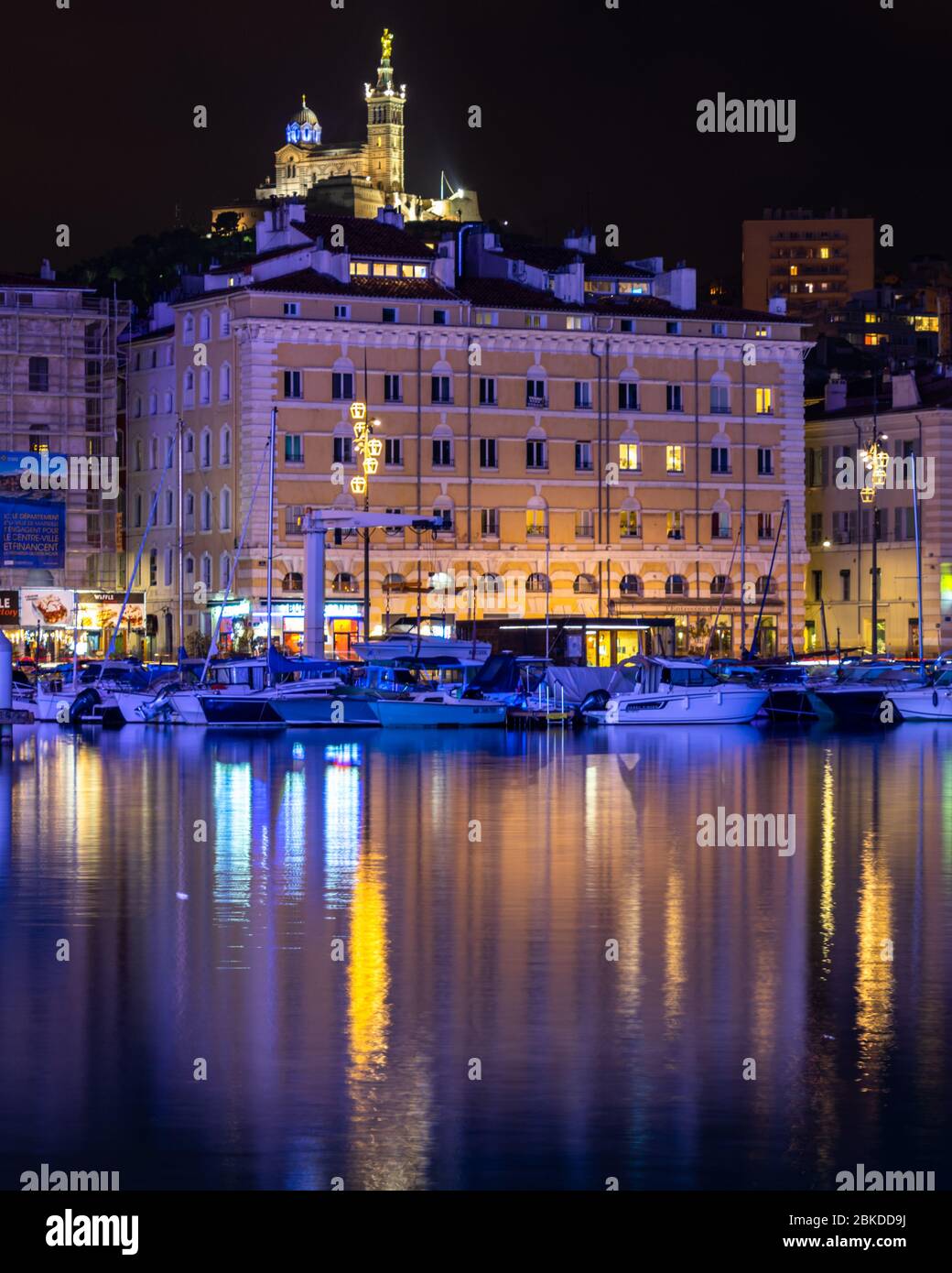 Marseille, France, January 1, 2020 – Illuminated basilica of Notre Dame ...