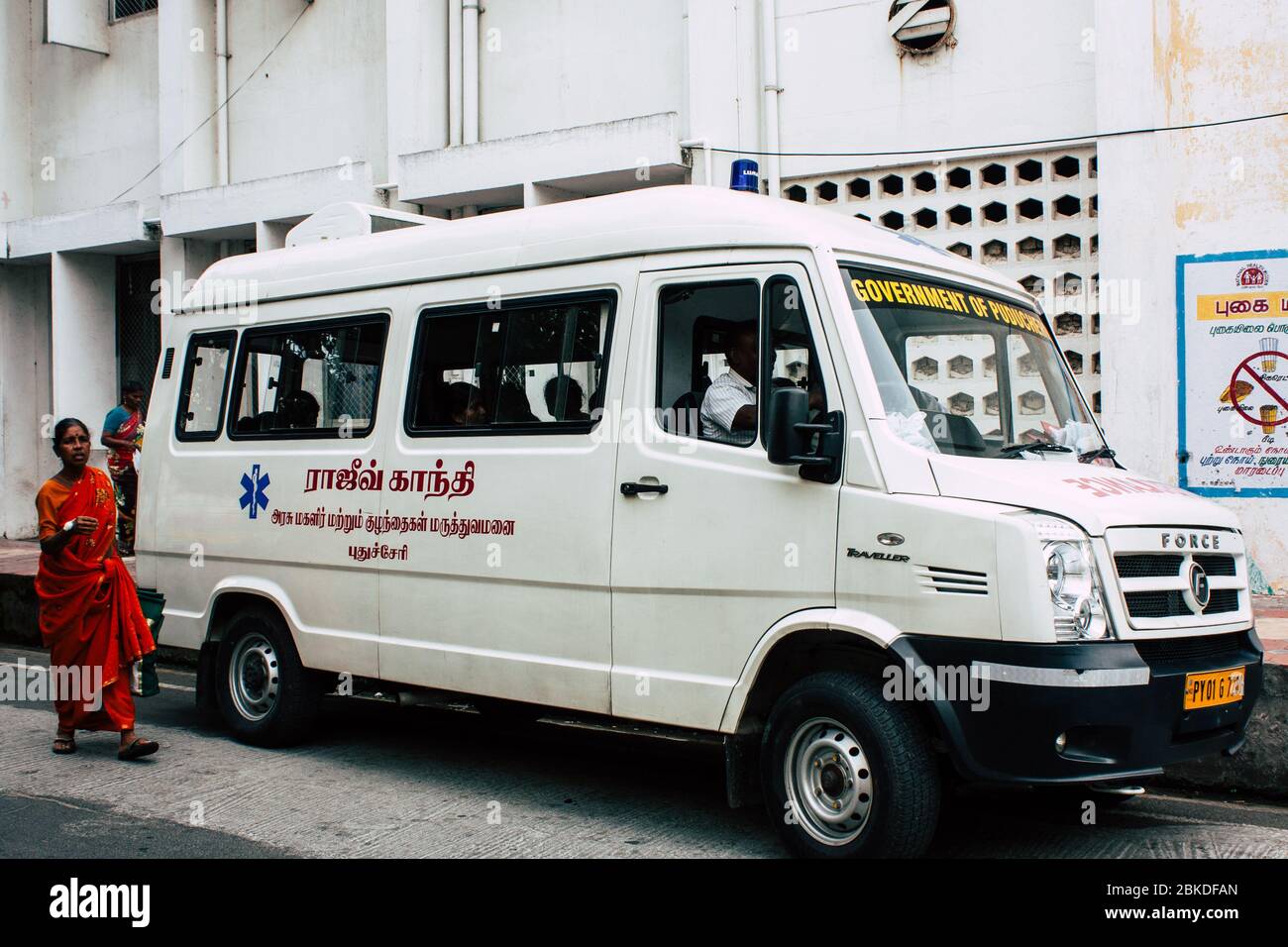 Pondicherry Tamil Nadu India January 21, 2018 View of a ambulance parked in the streets of White Town district in the french colonial city of Pondiche Stock Photo